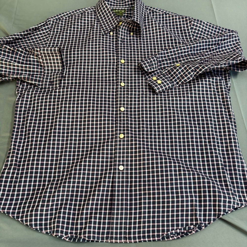 Orvis Mens‎ XXL Trim Fit Navy Pink Plaid Cotton Button Down Shirt 2C8J